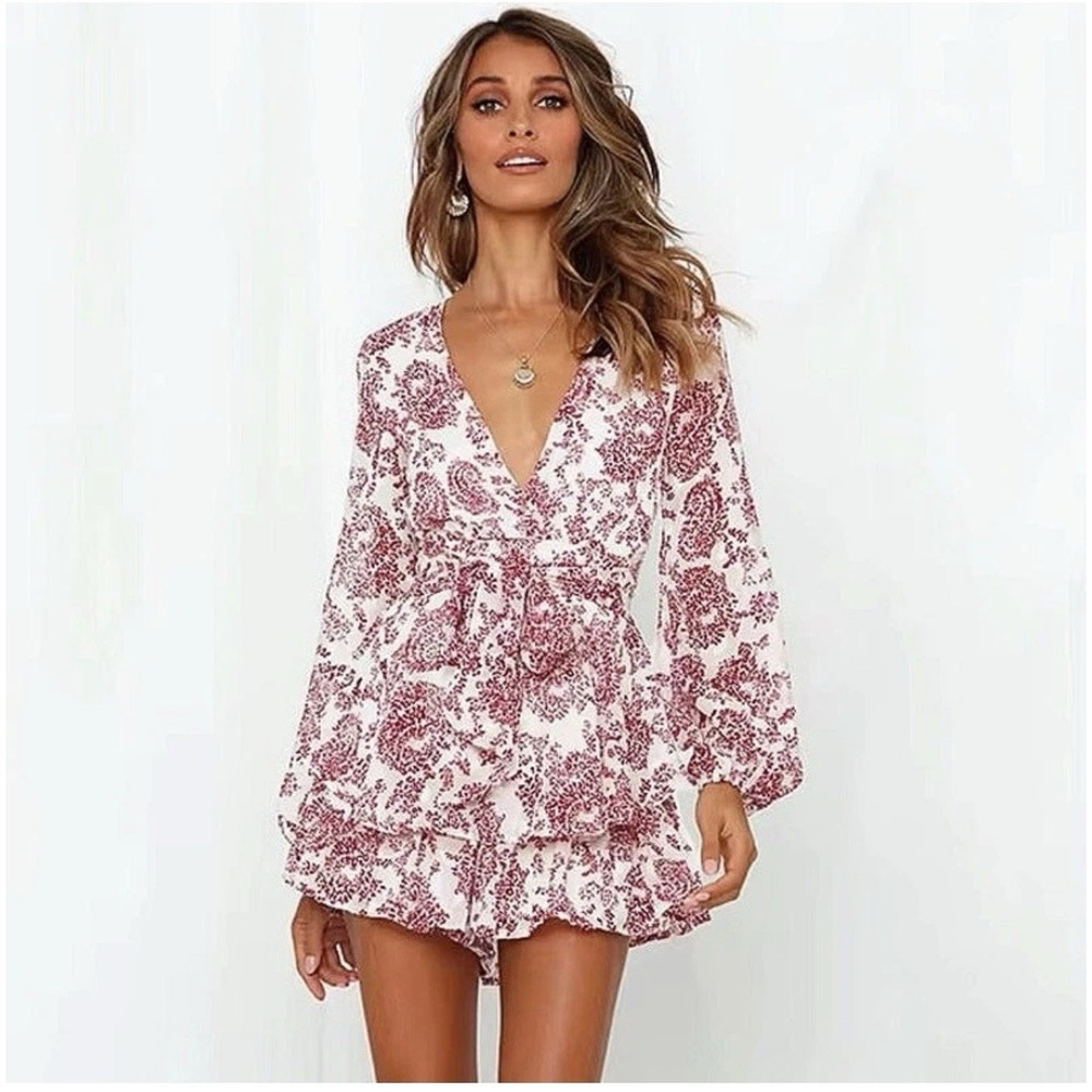 Romantic White & Mauve Toile Floral Print Coquette Long Sleeve Dress Romper Lg